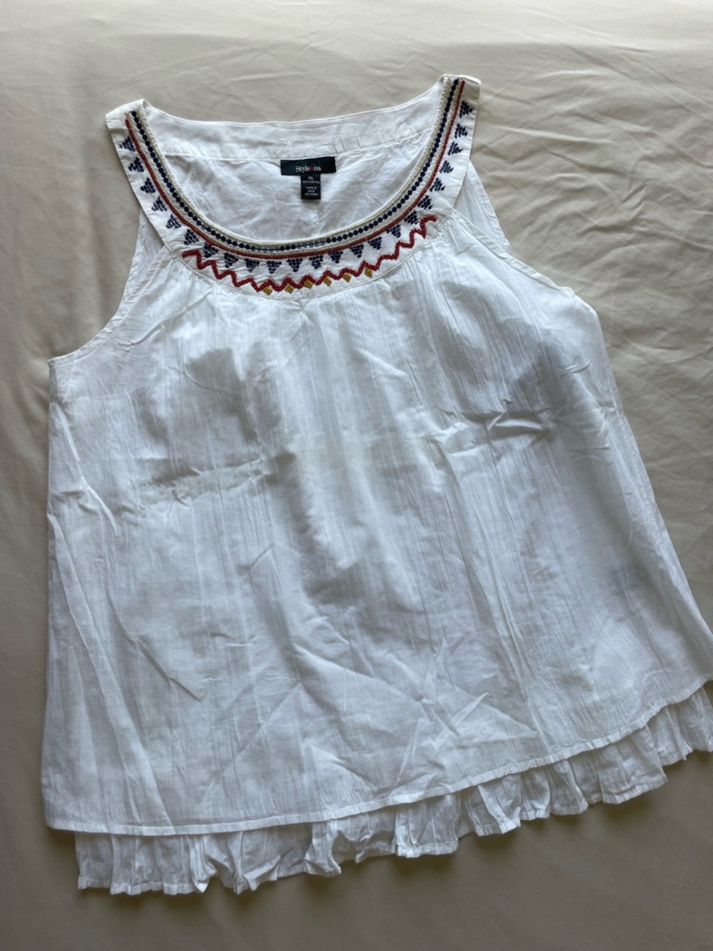 Style & Co. White Sleeveless Embroidered Neckline Ruffle-Hem Top